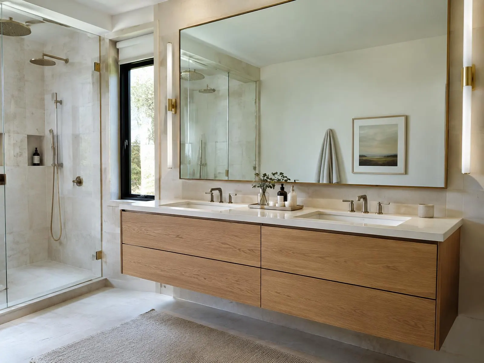 Salle de bain avec vanité sur mesure en bois et vasque intégrée