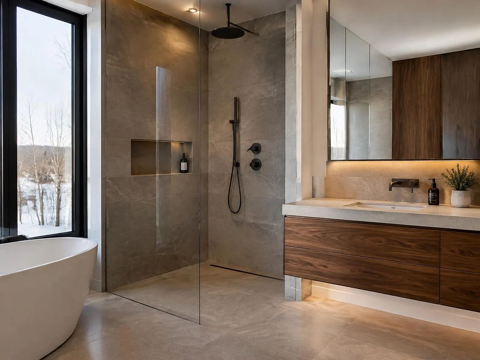 Salle de bain avec douche à l'italienne et vanité suspendue en noyer