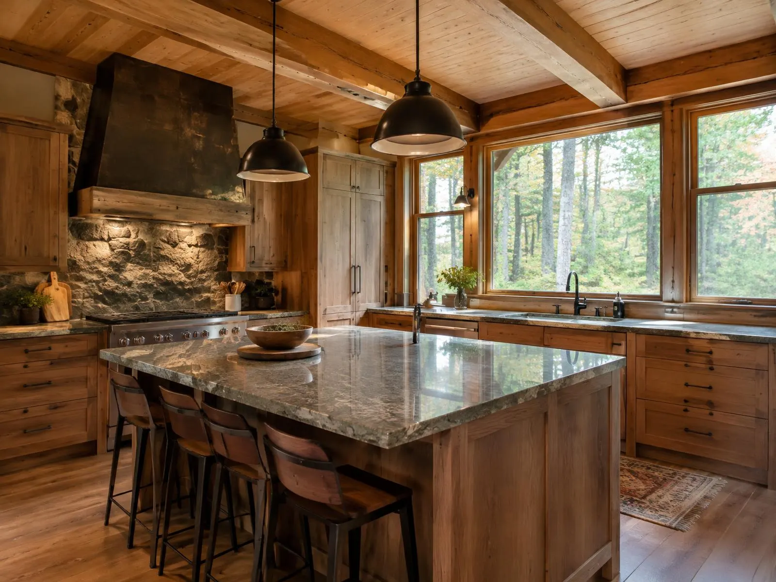 Cuisine de chalet en Estrie avec poutres de bois apparentes