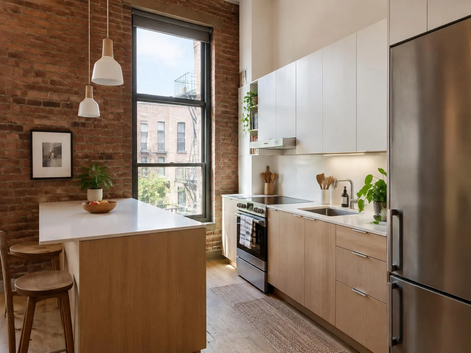 Petite cuisine de copropriété avec mur de brique