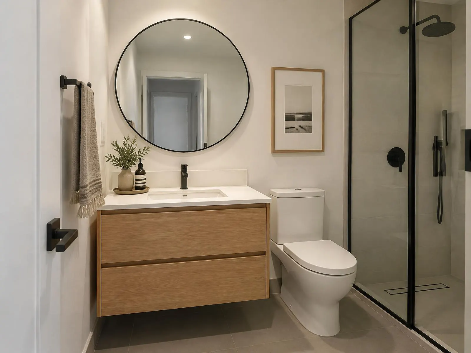 Salle de bain de condo avec vanité suspendue en chêne