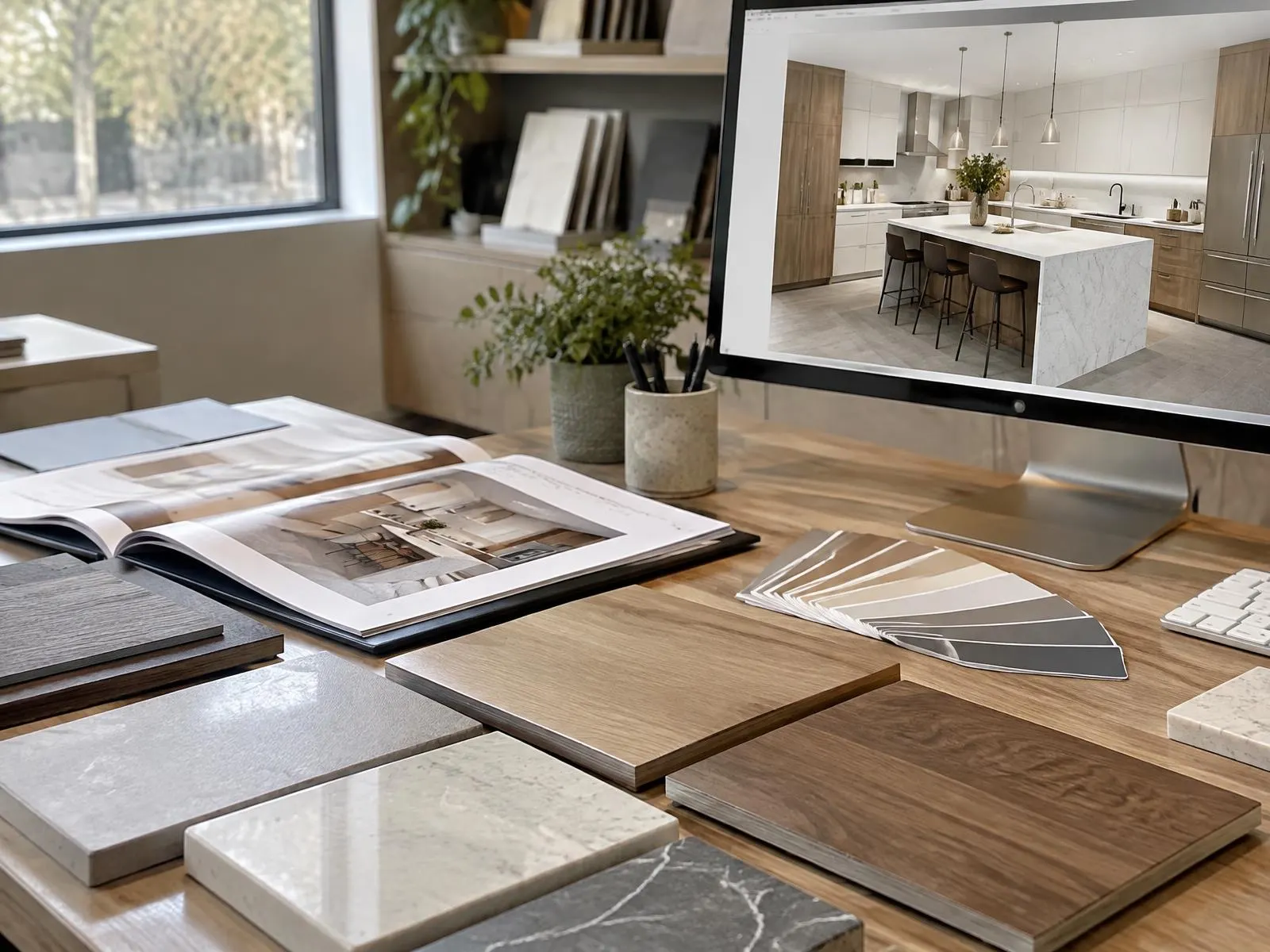 Bureau de conception avec échantillons de matériaux et rendu 3D d'une cuisine à l'écran