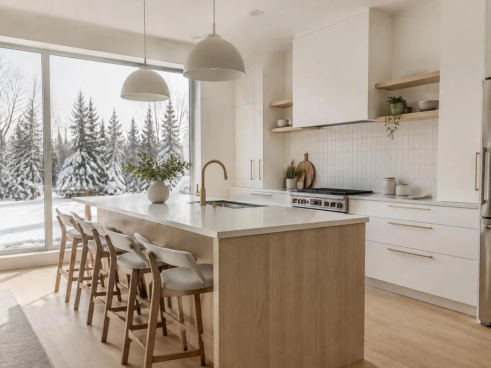 Cuisine scandinave lumineuse avec îlot en frêne et grande fenêtre