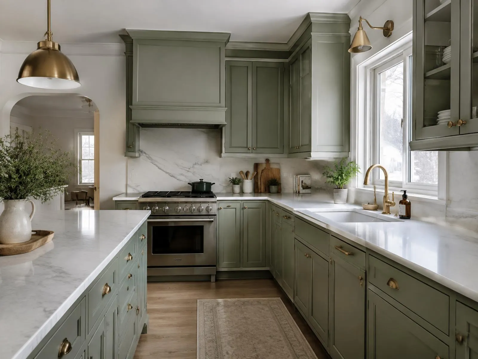 Cuisine de style shaker aux armoires vert sauge et comptoir clair