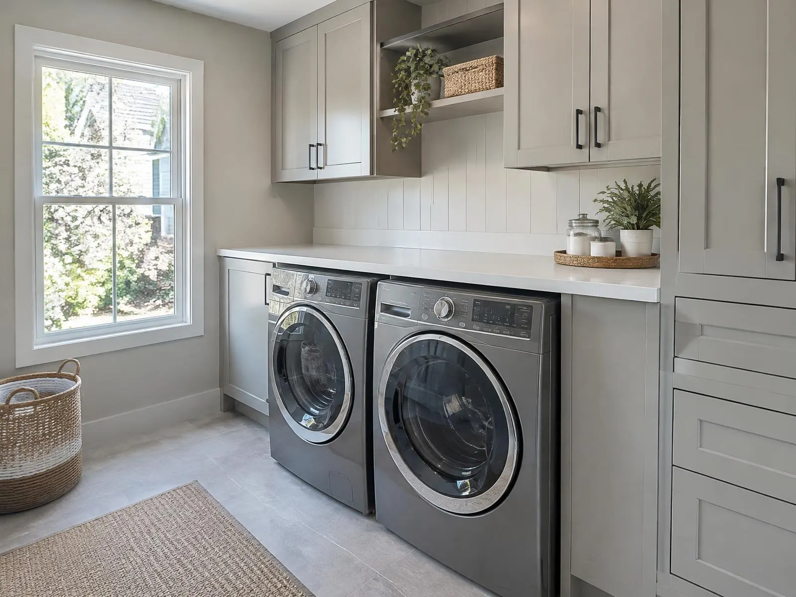 Salle de lavage avec armoires sur mesure et comptoir de pliage
