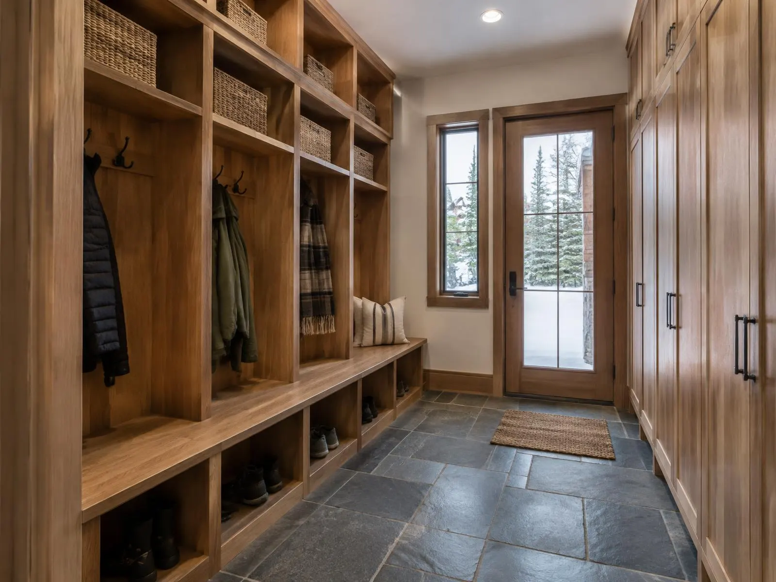 Vestibule d'entrée avec banc, casiers et crochets sur mesure