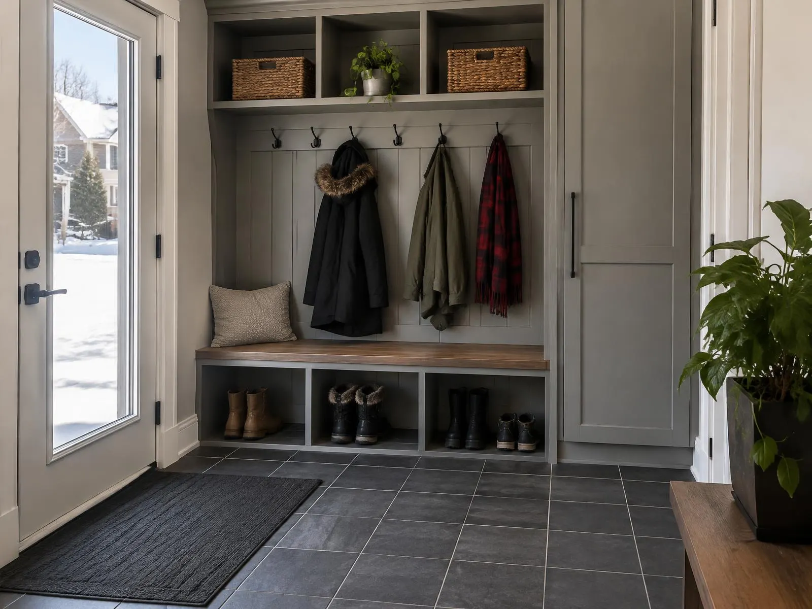 Vestibule de banlieue avec banc, casiers et crochets