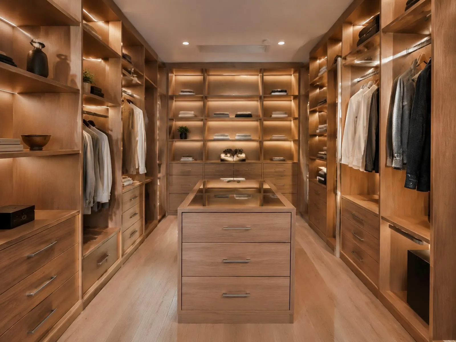 Rangement sur mesure en bois avec étagères et tiroirs intégrés