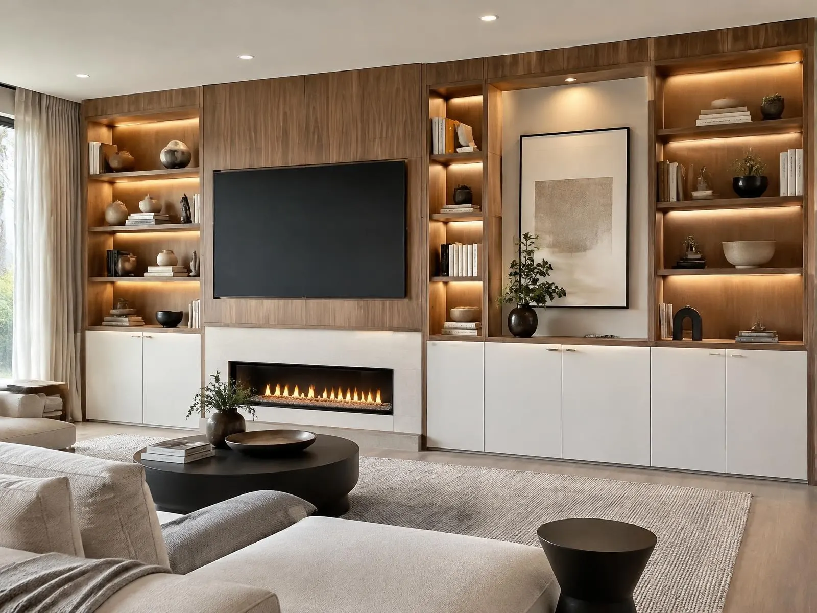Meuble mural sur mesure avec tablettes éclairées par des DEL intégrées