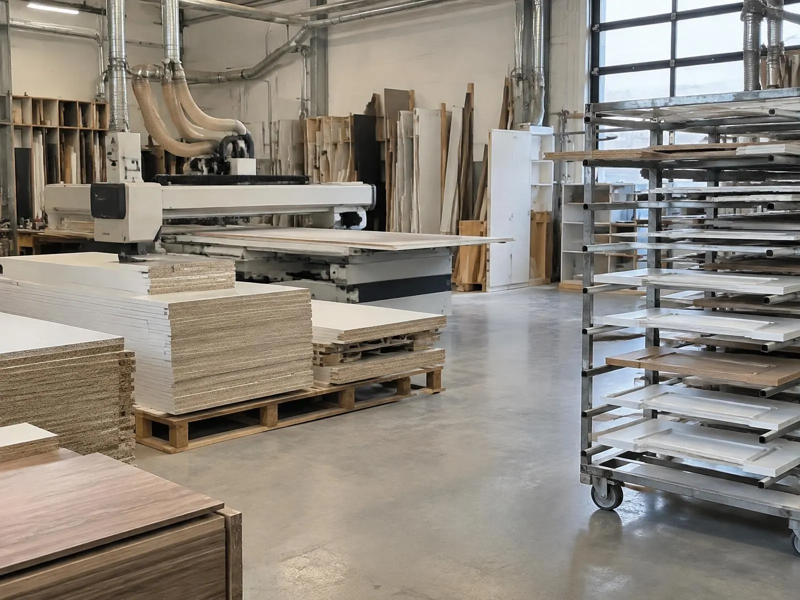 Atelier d'ébénisterie avec panneaux de bois et machine à commande numérique
